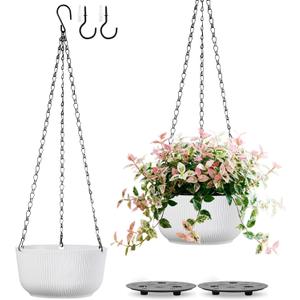 Set of 2 Hanging Pots for Plants Indoor Outdoor, 8 Inch Self-Watering Hanging Planters with Internal Saucer, Drainage Hole & Plug (Hooks)