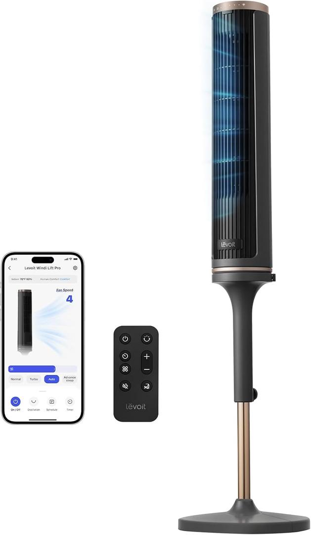 LEVOIT Tower Fan for Bedroom, Smart Standing Fan with 36-47 Adjustable Height, 28dB Quiet for Sleep, 90 Oscillating Room Fan, 23 ft/s Velocity, 5 Speeds 4 Modes, 12H Timer, Remoter, for Home, Grey