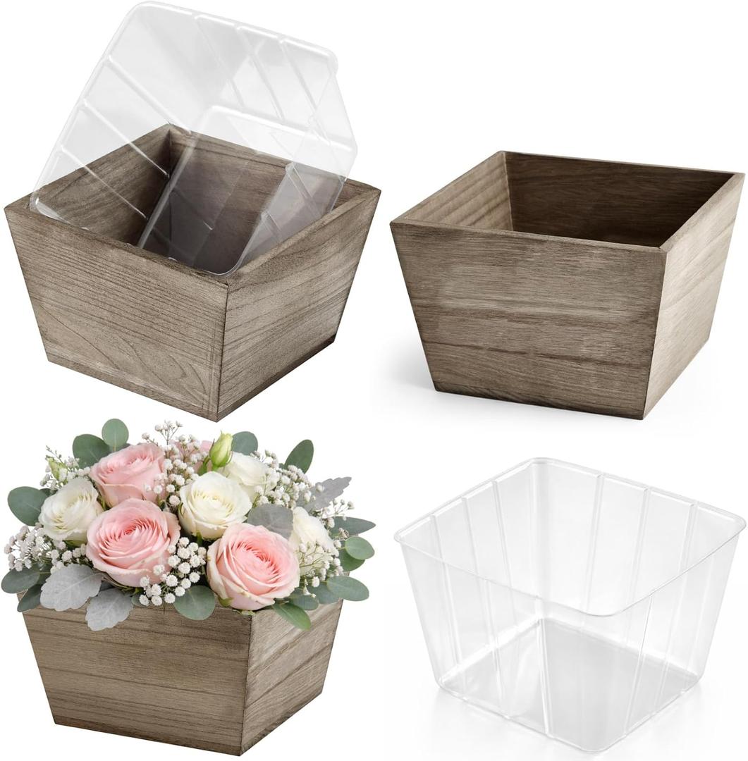 2 Set Wooden Centerpiece Box for Wedding Table Decor 6 Inch Rustic Wood Planter Box with Removable Plastic Liner Flower Boxes for Party Wedding Baby Shower Home Garden Decor(Brown)