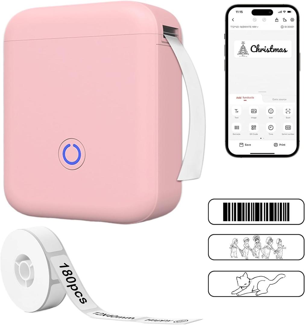 Portable Label Maker Machine with 180PCS Tape - 300DPI Thermal Bluetooth Printer for Home, Office, School Organization & Sticker Making, P11 New Version(Pink)