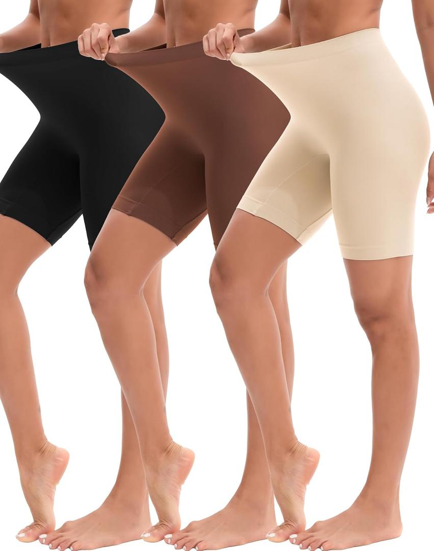 INNERSY Women's Slip Shorts for Under Dresses High Waisted Shorts (Medium, Black/Cafe/Light Beige), Pack of 2