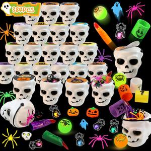 384PCS Prefilled Party Favor Bulk for Kids, 48PACK Prefilled Ghost Cauldrons With 6 Halloween Toys Inside, Goodie Bag Fillers, Prizes Gifts Miniatures for Kids, Trick or Treat