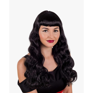Womens 1950s Wig Retro Rock n Roll Vintage Long Black Wavy Hair Accessory One Size