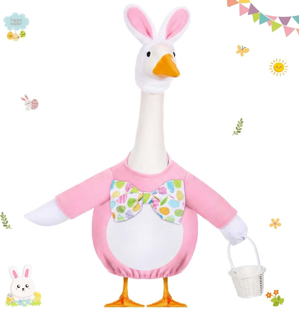 FuWeave Easter Bunny Goose Outfit Easter Egg Porch Goose Costume for Cement Plastic Geese Statue Spring Outdoor Garden Yard Patio Decoration(Light Pink,23 Inches,Cute Bunny)