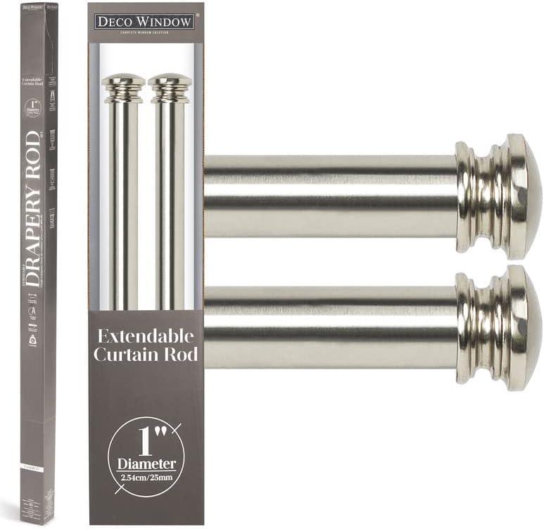 Deco Window 2 Pack 36" to 66" Extendable Silver Curtain Rod for Door & Windows Adjustable Length Heavy Duty Curtain Drapery Rod with End Cap Finials (1” Diameter)