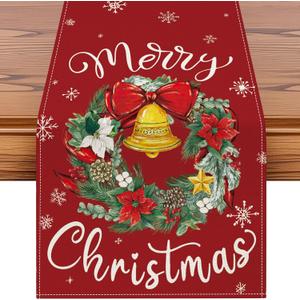 Artscope Wreath Merry Christmas Table Runner, Xmas Winter Holiday Kitchen Dining Table Decoration for Christmas Home Decor 13x48 Inch-Red