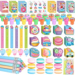 BenLouis 96Pcs Candyland Party Favors Ice Cream Donut Mini Notebook Stampers School Stationery Bulk for Kids Lollipop Sweet Treats Birthday Goodie Bags Pinata Filler Classroom Prizes Supplies