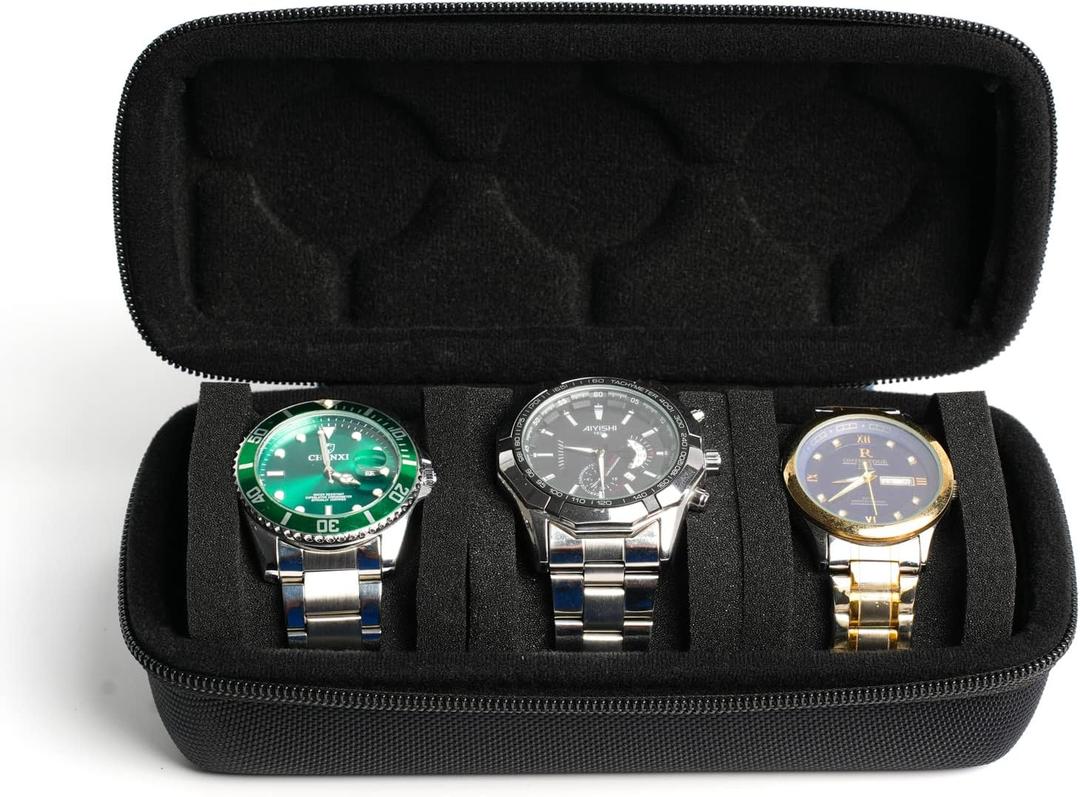 Watch travel case, watch storage box organizer, hard watch case holder with flexible foam inserts (BLACK, 3 INSERT)