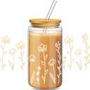 Mumufy 1 Pack Glass Cups Gift Aesthetic Cute Glass Cup Tumbler Flower Iced Coffee Mugs 16 oz with Bamboo Lid & Straw, for Wedding Birthday Bridesmaid Mom Baby Shower
