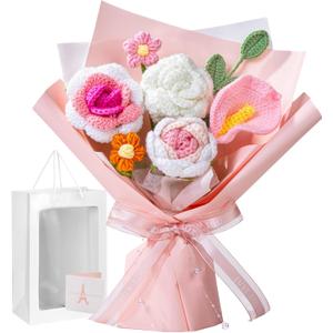 Crochet Flower Bouquet Pink, Handmade Crochet Flowers Bouquet, Knitted Floral Gift for Her, Mothers Day Birthday for Women Wife Mom Girlfriend with Gift Box Bag and Card