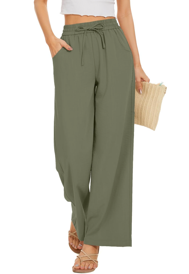 Women Flowy Pants Drawstring Waist Wide Leg Palazzo Beach Pants Loose Fit with Pockets, Size L