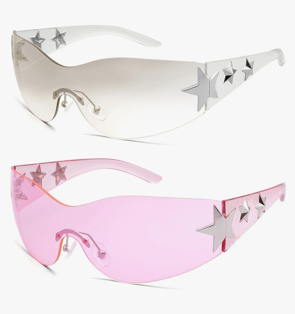 Rimless Y2K Sunglasses Star Wrap Around Glasses 2000S Accessories for Women Men Trendy Fashion Cool Shield Shades