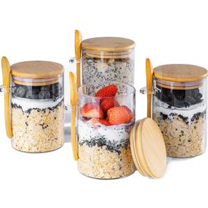 Overnight Oats Containers with Lids,16oz Overnight Oats Jars 4 Pack, Oatmeal Cups,Meal Prep Containers,Glass Meal Prep Containers with Lids,China Pudding Jars
