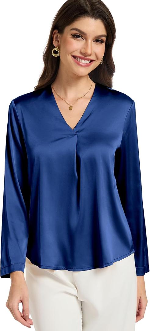 Womens Silk Satin Blouses V Neck Long Sleeve Tops Casual Dressy Shirts (Blue)
