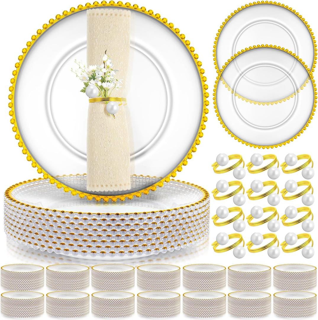 Tioncy 50 Set Clear Beaded Charger Plates Bulk for Wedding, 13 Inch, about 13 inch
