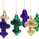 6 Pcs Mardi Gras Glass Hanging Ornaments - 4" Fleur De Lis Purple Green Gold Decorations for Holiday Masquerade Party