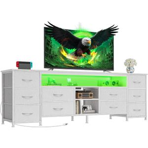 Huuger 63 Inch LED TV Stand Dresser with Power Outlets, USB-C Port and LED Lights, 10 Fabric Drawer Dresser for Bedroom, Long Entertainment Center for 65, 70 Inch TV, Open Shelves, PU Leather, White