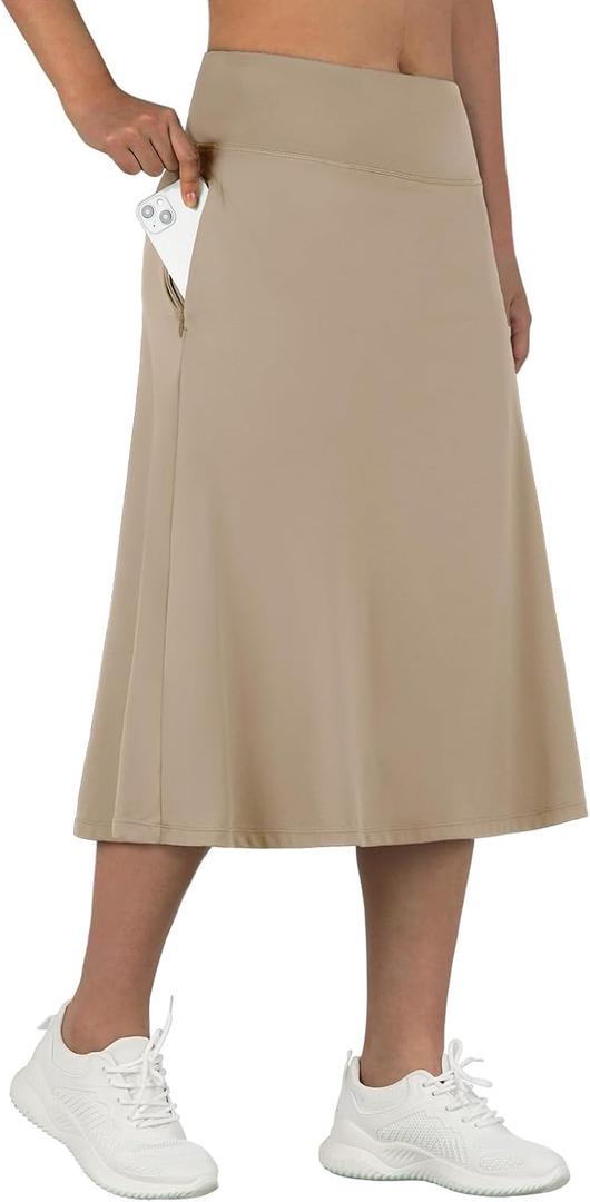ANIVIVO Women's Midi Length Skorts Skirts with Pockets Modest Skirts 28" Long Knee Length Athletic Skorts (Medium, Khaki)