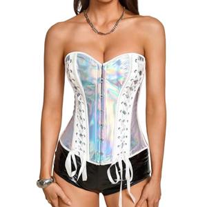 ChiaoLezhee Women's Metallic Leather Overbust Corset Top Reflective Punk Festival Rave Outfits Laser Strapless Sparkly Latex Lace-Up Sexy Bustier Halloween Club Party,Silver Holographic,Medium