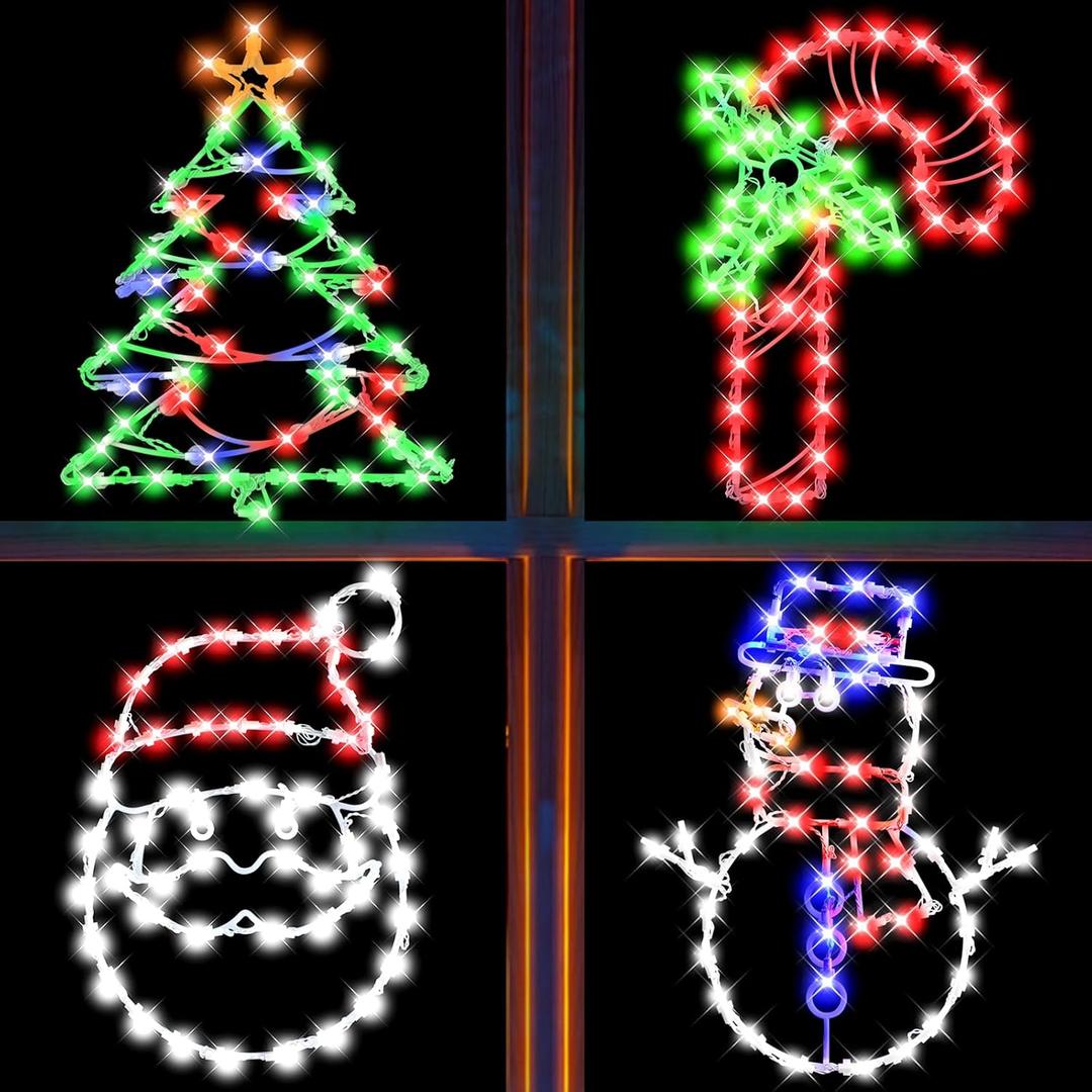 4 Pack Christmas Window Silhouette LED Lights Decorations, Santa Claus, Xmas Trees, Candy Cane, Snow Man Christmas Window Light Decorations with 50 Bulbs for Holiday Wall Door Glass Decorations