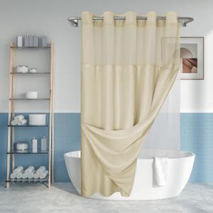 No Hook Slub Textured Shower Curtain with Snap-in PEVA Liner Set , Hotel Style Beige Shower Curtain with See Through Top Window, Machine Washable & Water Repellent, Linen, 60x60