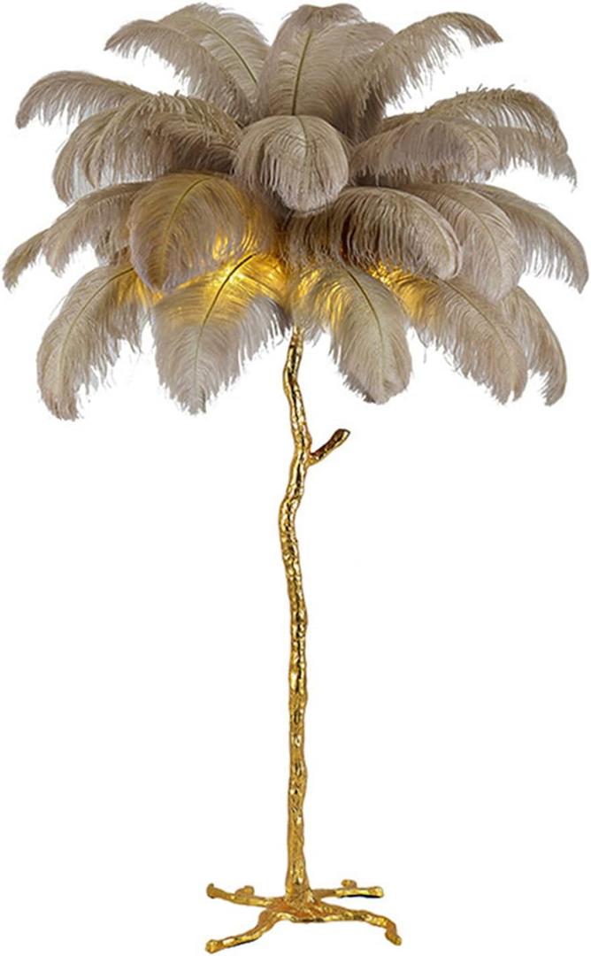 Natural Ostrich Feather Floor Lamp, Modern LED Dimmable Standing Lamp, Romantic Princess Bedroom Reading Tall Corner Lamp for Living Room, Dining Room and Office (120cm, Brown)