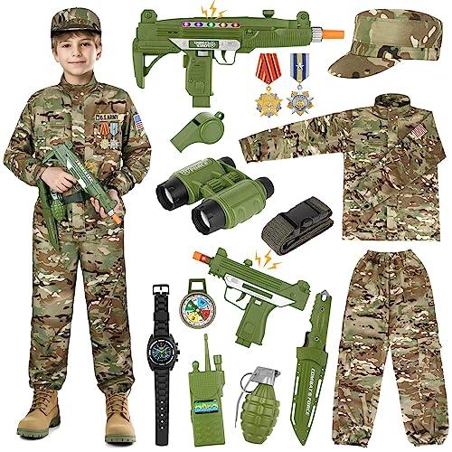 GIFTINBOX Army Costume for Kids, 15PCS Soldier Military Costume Dress Up Role Play Set with Army Accessories, Halloween Costumes for Boys Kids 3-13, Halloween Birthday Gift for Kid L