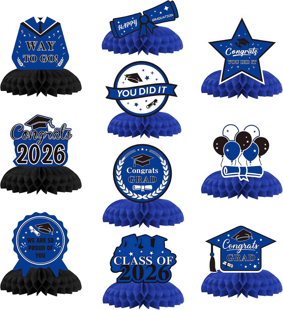 Graduation Decorations 2026, 10PCS Blue and White Graduation Honeycomb Centerpieces for Table Decor, Congrats Grad Honeycomb Table Centerpieces Decorations for Class of 2026 Party Favor Supplies
