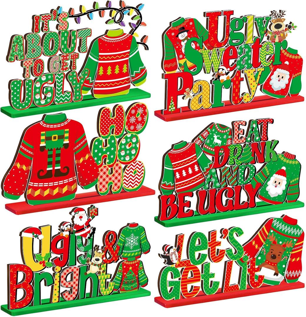 DoubleFill 6 Pcs Christmas Ugly Sweater Party Decorations Ugly Sweater Party Table Decor Christmas Wooden Centerpieces Xmas Tabletop Sign Ugly Sweater Display with Letters for Holiday Party Supplies