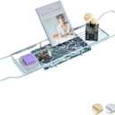 MARBBNEST Bathtub Tray Caddy for Luxury Bath Expandable Extra Wide Bath Tub Tray with Natural Marble Tray and Mobile/Tablet Stand, Ideal for Home Spa Lovers(Chrome + India Green)