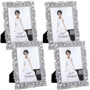 Yookeer 2 Pack 5 x 7 Inch Crystal Picture Frame Resin Wedding Photo Frame Jewel Picture with Rhinestones Photo Gift for Wedding Table Top Desktop Display (Silver)