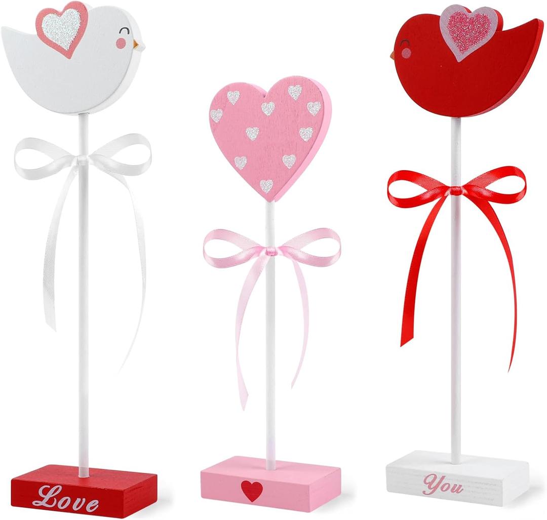 3 Pcs Valentine's Day Decoration Heart Wooden Sign Set Pink and Red Wooden Bird Tiered Tray Decor Valentines Standing Block Love Tables Centerpieces for Wedding Home Party Favor Supplies