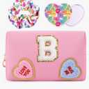 2 x WINOWIMO Initial Makeup Bag with Mirror & Hair Scrunchies, Personalized Monogram Custom Cosmetic Bag Travel Toiletry Pouch, Birthday Gifts for Her Women Bridesmaid Teacher (D)