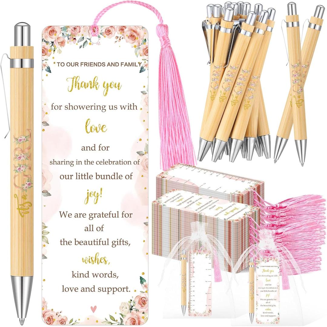 Gilprop 50 Sets Baby Shower Favors for Guests Includes 50 Baby Shower Ballpoint Pens 50 Thank You Bookmarks 50 Organza Bags for Gender Reveal Gifts Guest Prizes(Floral,Pink)