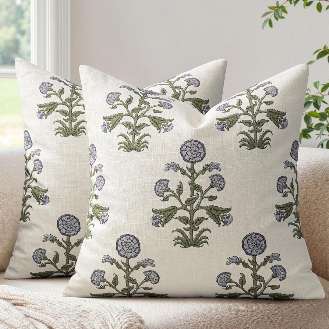 MIULEE Set of 2 Vintage Pillow Covers Neutral Decorative Floral Throw Pillows Block Print Boho Farmhouse Cushion Covers for Modern Rustic Home Decor Sofa Bed Living Room, 18 x 18 Inch, Blue Green