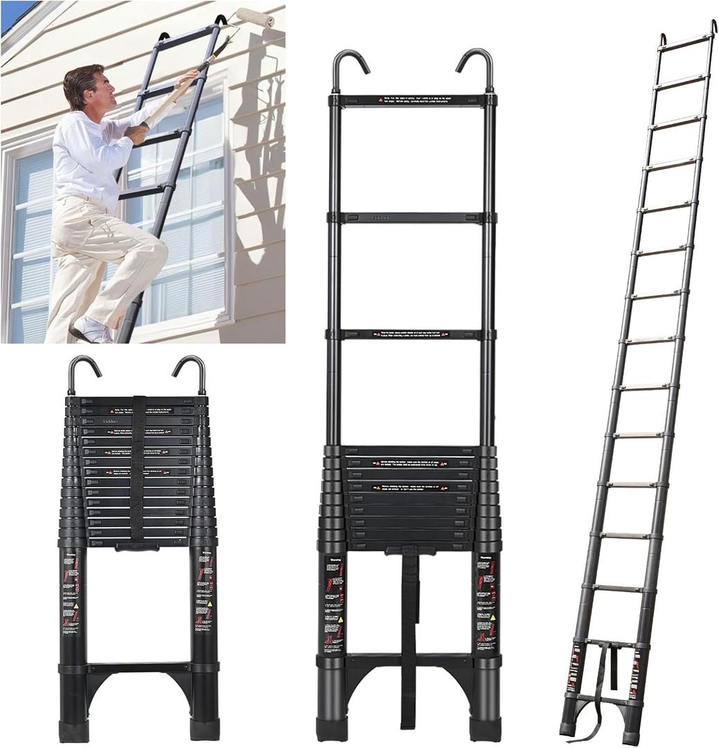 JADDUO 20.3 FT Telescopic Ladder, Aluminium Black Telescoping Ladder with Non-Slip Feet and Stable Hook, Portable Extension Ladder for Household and Outdoor Working, Heavy Duty 330 lbs Max Capacity (Aluinum 20.3FT with Hook,Black)