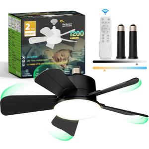 Socket Fan Light with Remote, Light Bulb Fan with 6 Wind Speeds, 3 Color Dimmable, Up to 1200LM/6500K, Mute Button, Reversible, for Kitchen, Garage (Black)