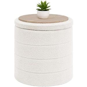B FSOBEIIALEO Ottoman with Stroage, Round Sherpa Storage Ottoman Stool, Boucle Foot Rest 16.9"x16.9"x17.7"（White