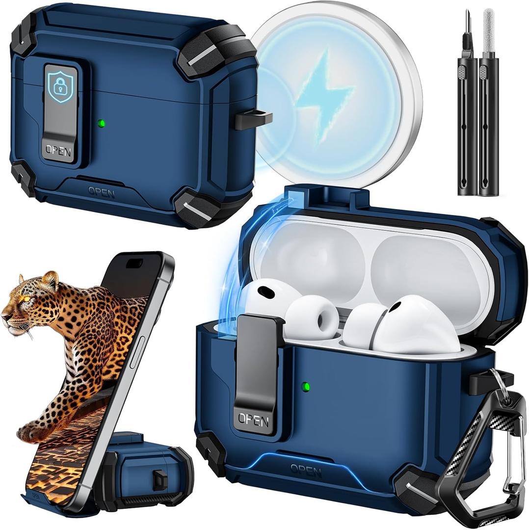 Inesore for AirPods Pro 3 Case (2025) with Phone Stand & Cleaning Kit,Compatible with Magsafe,Magnetic Automatic Lock Cover for AirPods Pro 3rd Generation, Blue