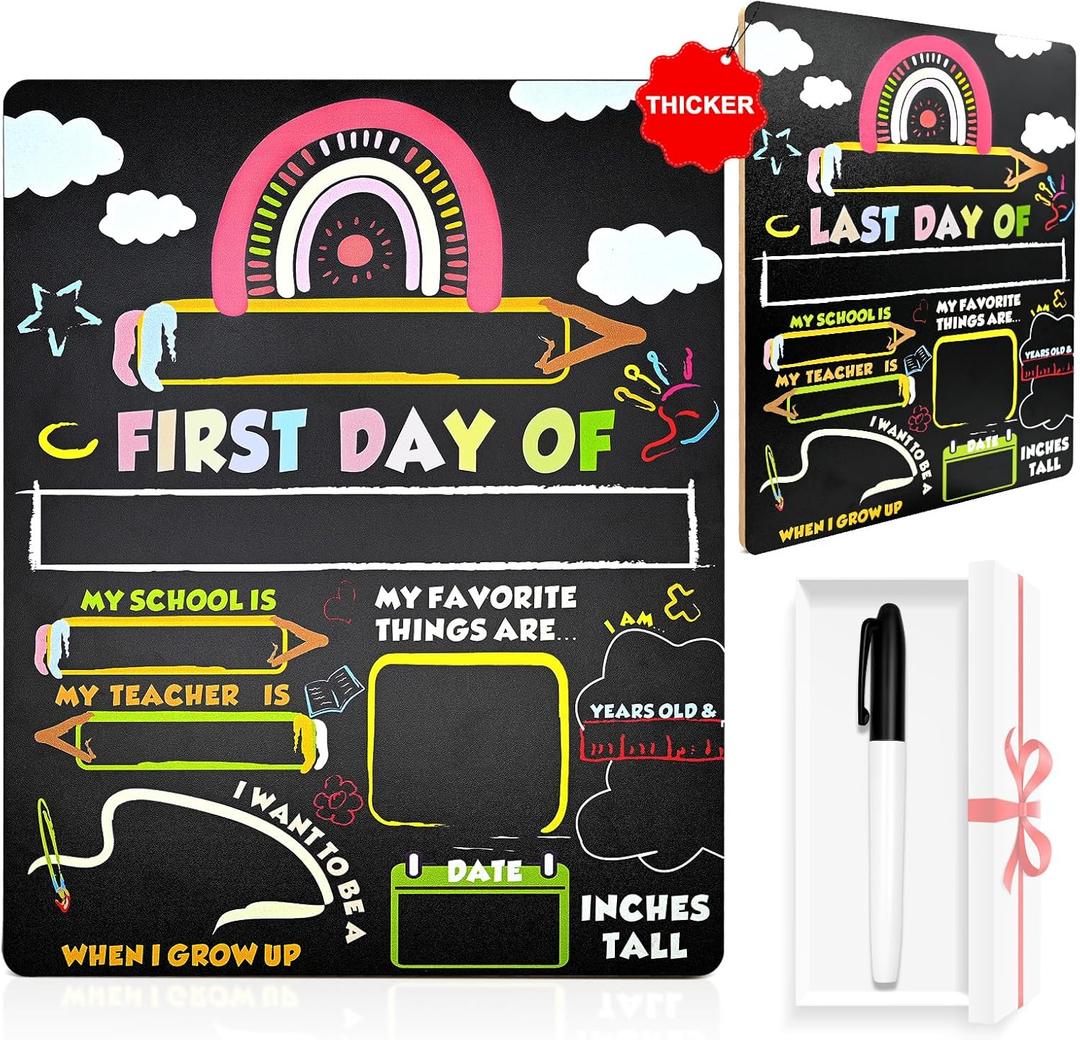 First and Last Day of School Sign Board, 14x11Double-Sided & Reusable Back to School Chalkboard Prek Signs Kindergarten 1st with Markers for Preschool Drycare Erase