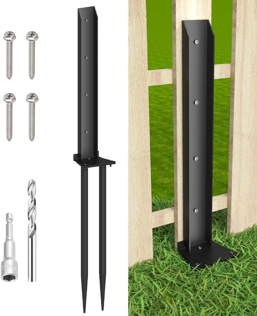 Fence Post Anchor Kit, Heavy Duty Metal Steel Post Repair Kit, Fence Post Anchor Stakes Ground Spike for Repairing Tilted/Broken Wood Post, Double-Tube Style, 1 Pack