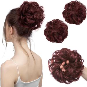SARLA 2PCS Burgundy Messy Hair Bun Hair Pieces Wavy Curly Synthetic Updo Fake Scrunchies Ponytail Extension for Women Wine Red (2PCS-Wine Red)