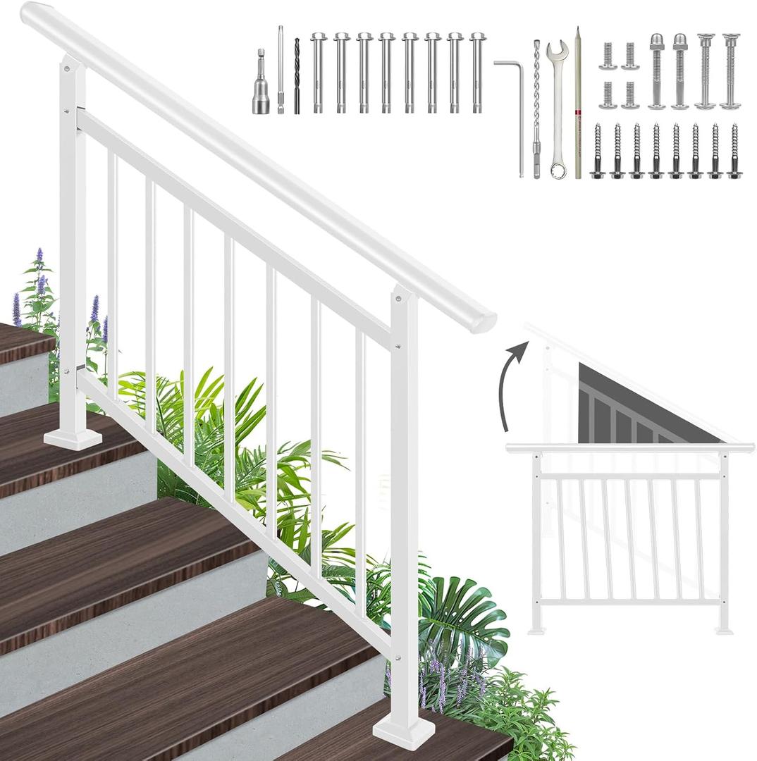 Adjustable Handrails for Outdoor Steps White Metal Stair Railing with Installation Kit, Outdoor Handrail Fits 1 to 4 Steps or Horizontal Use, Wrought Iron Hand Rails for Porch, Deck