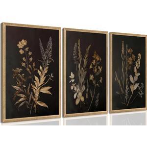 Yudinbin Dark Botanical Canvas Wall Art Vintage Moody Floral Poster Prints with Dark Academia Aesthetic Gallery Painting Wall Decor for Living Room Bedroom or Office 12x16 Inch Set of 3 Unframed