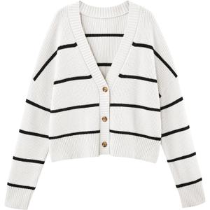 LILLUSORY Women's Cropped Cardigan Oversized Button Sweaters 2025 Fall Trendy Knit Dressy Fashion Outfits Stripes White M