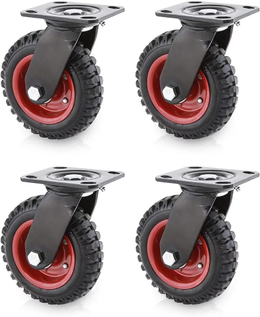 POWERTEC 6 Inch Caster Wheels Set of 4, Heavy Duty Swivel Plate Casters with Rubber Knobby Tread for Workbench, Dolly, Cart, Trolley, Wagon and Chicken Coop, Large Rubber Castor Wheels (17050-P4)