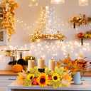 Thanksgiving Dining Table Centerpiece with 3 Wick Candle Holders Fall Candelabra Centerpiece Harvest Autumn Fall Decorations Holiday Candleabrum Decorated with Sunflower Blooms Pumpkin Maple Leaves