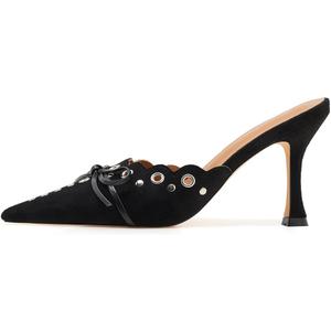 Bow Tie Heeled Mules for Women Pointy Studs Kitten Heels Dress Pumps Backless Stilettos Heels (6, Black)