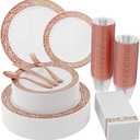 Count Rose Gold Plastic Dinnerware Disposable Plates 30 Dinner & 30 Dessert Plates & 30 Cups & 30 Rose Gold Paper Napkins & 30 Plastic Silverware Set