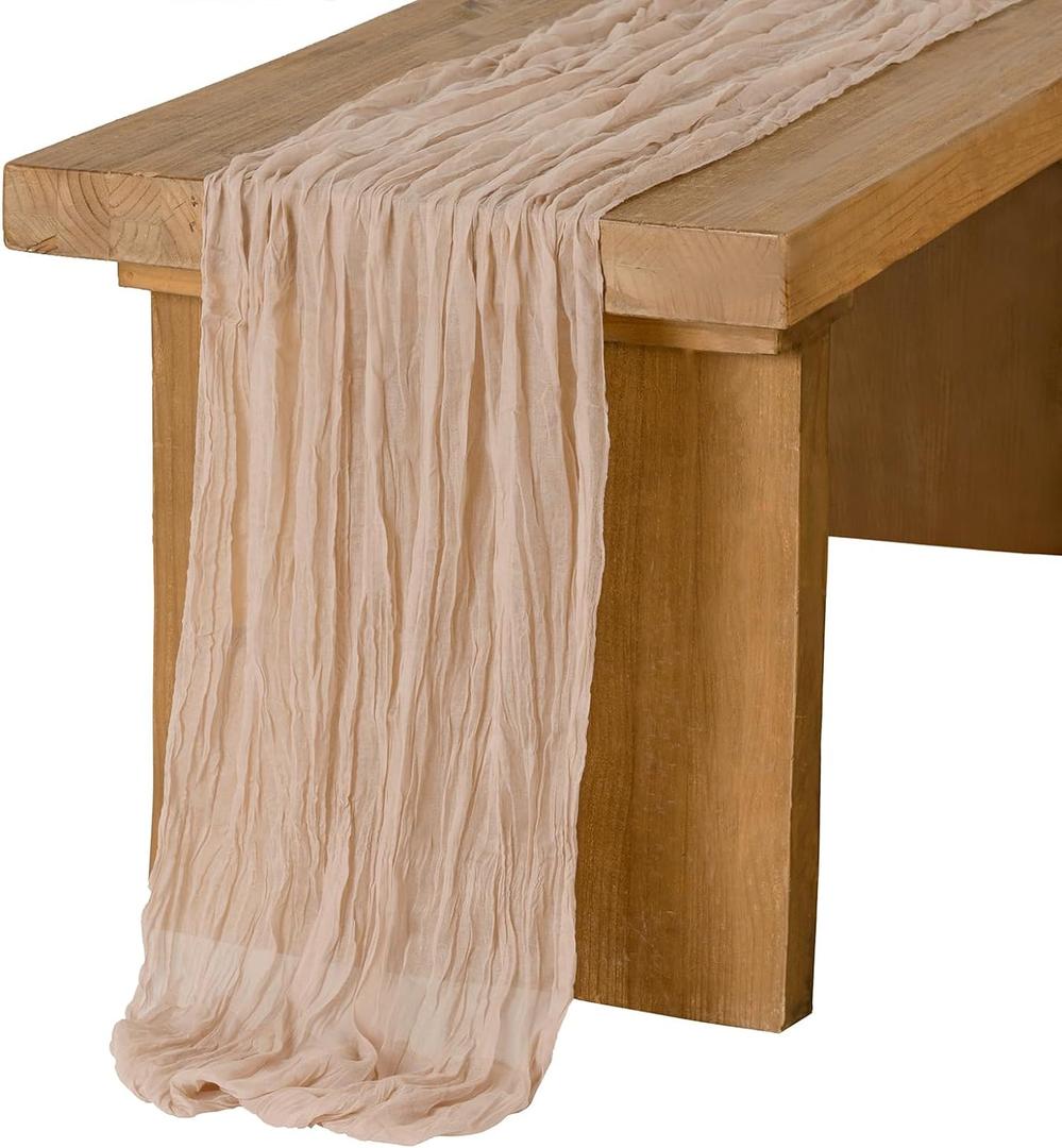 Ling's Moment 10Ft x 35" Wide Warm Sand Gauze Semi-Sheer Table Runner Cheesecloth Tablecloth for Wedding Party Bridal Shower Boho Table Decor